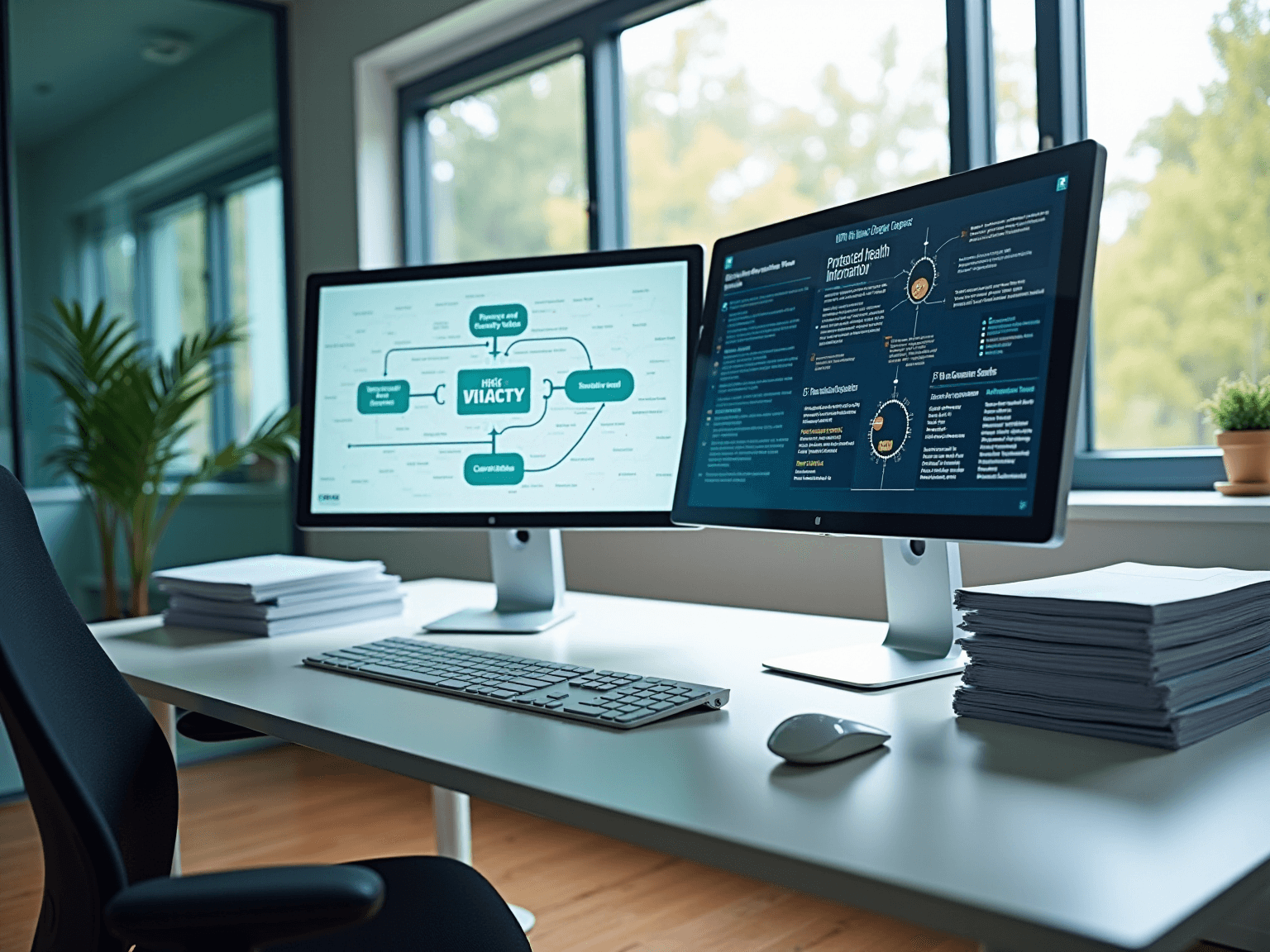 Two monitors showing a HIPAA flowchart and a dark protected health information report on a desk
