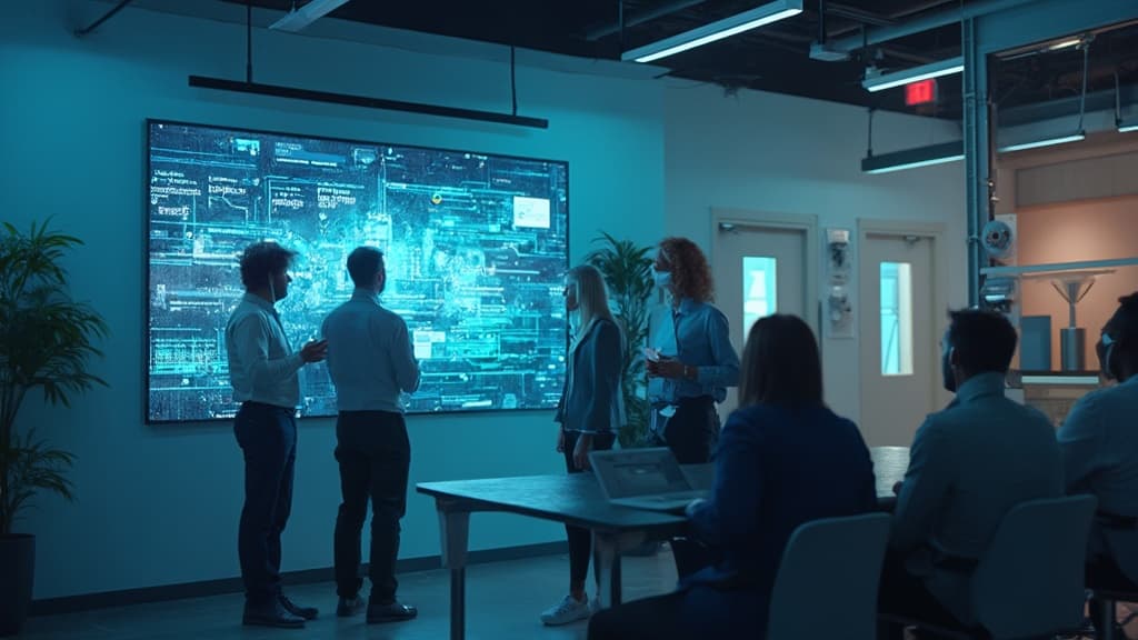 Team standing before a wall screen of dense digital data, in a bright office