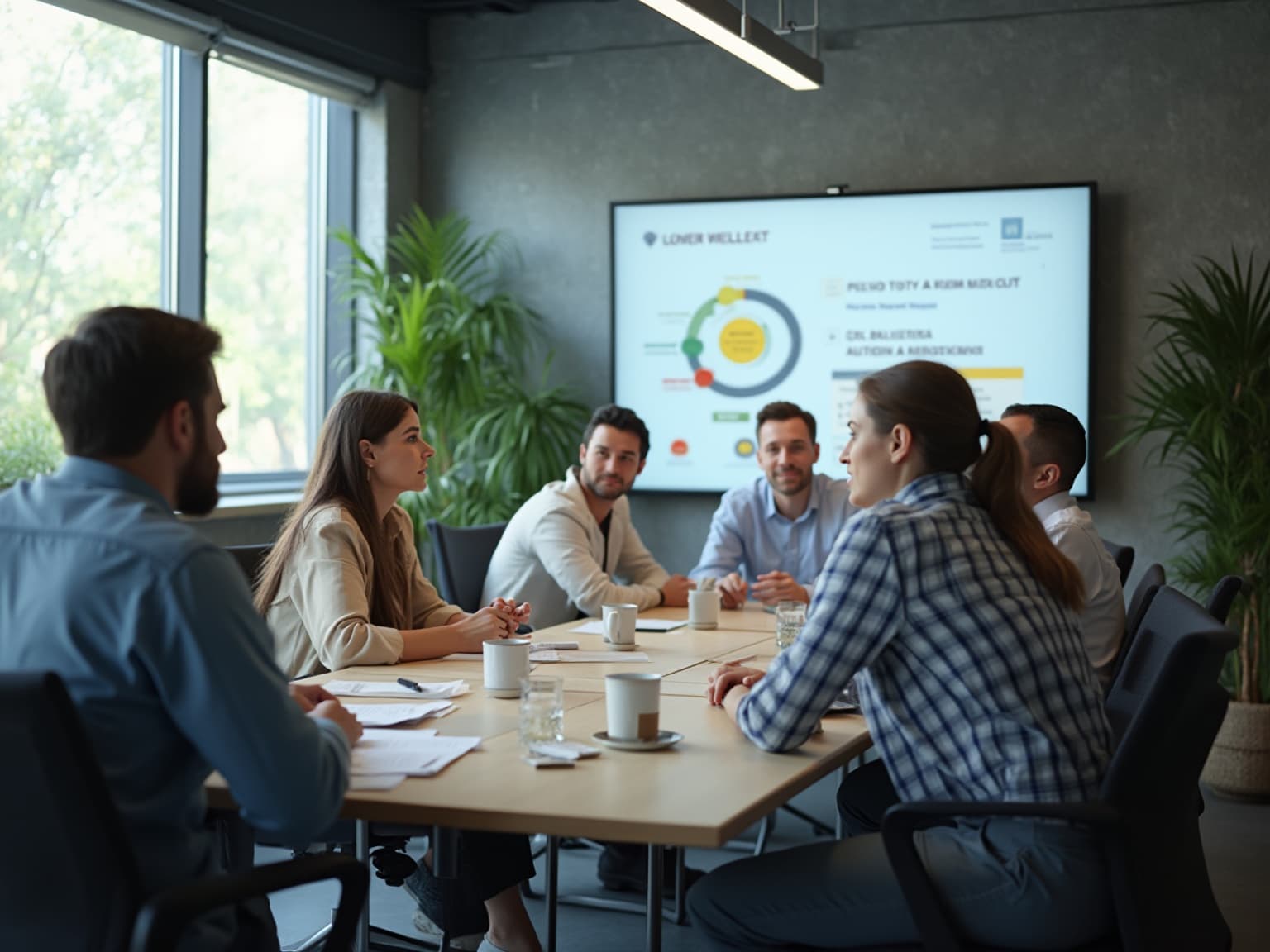 Team meeting at a table in front of a wall screen showing a circular diagram