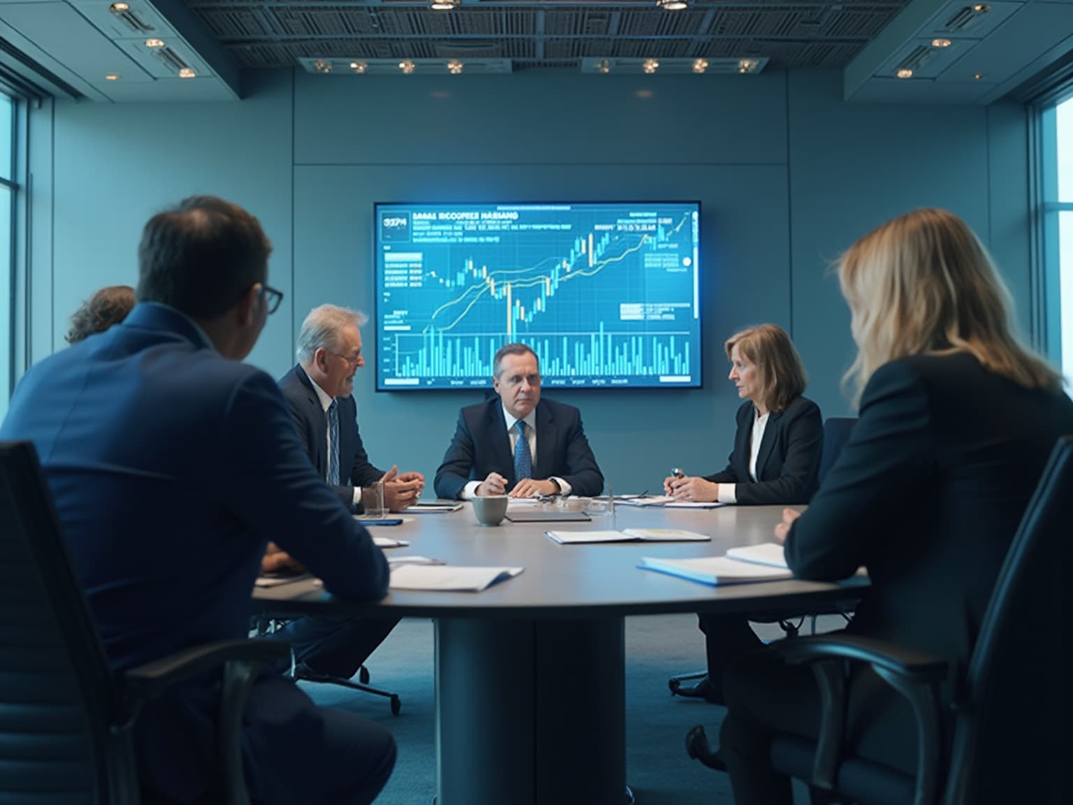 Executives around a round table under a wall screen showing a financial chart
