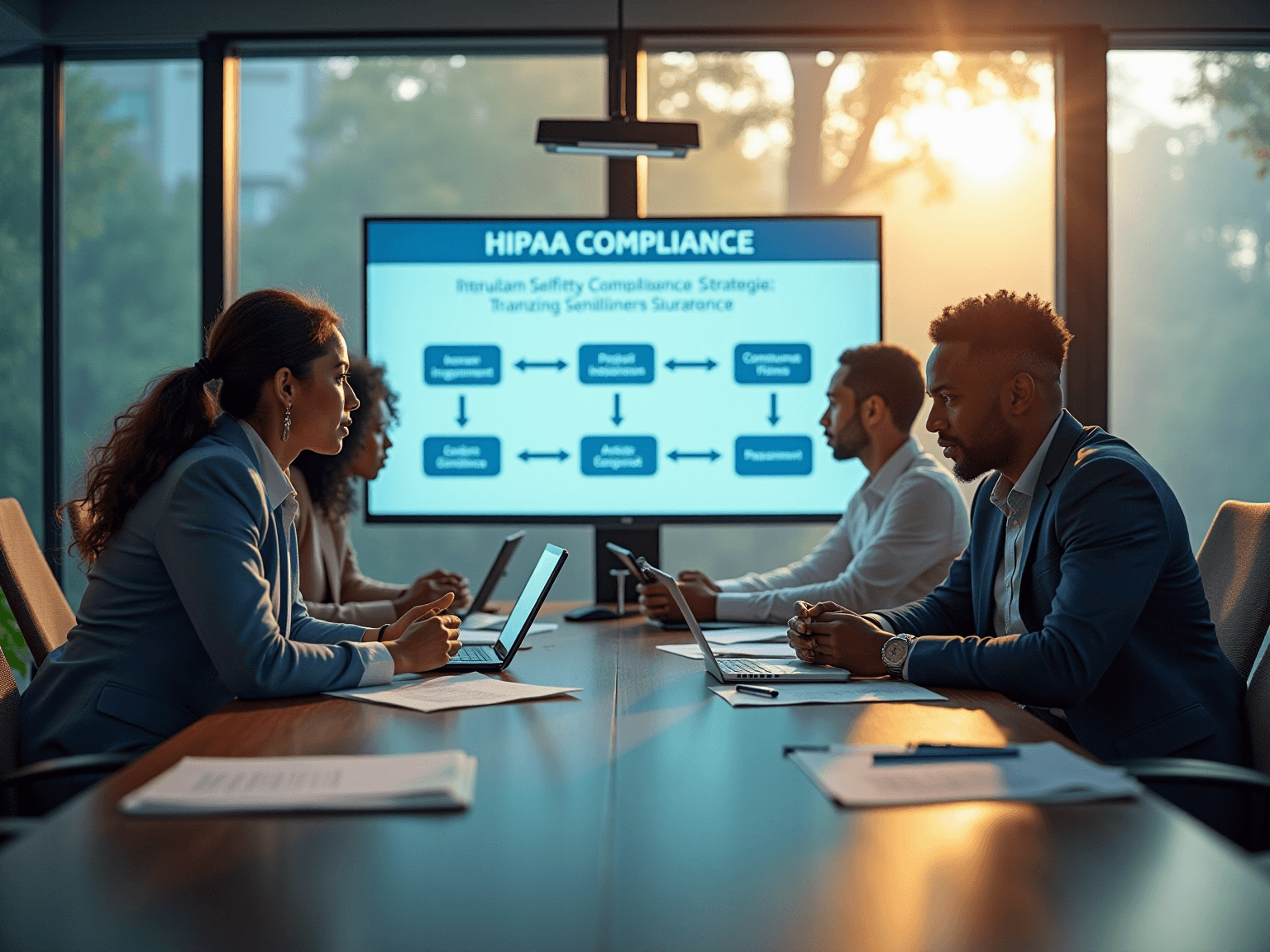 Team in a glass meeting room facing a wall screen titled HIPAA Compliance, with a flowchart of linked boxes