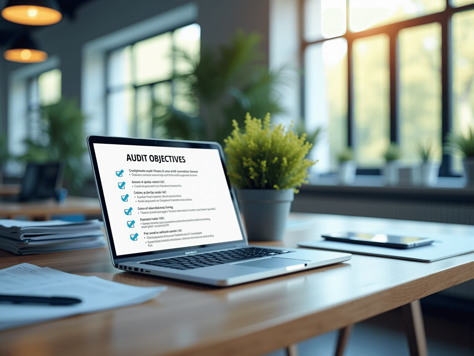 Laptop on a desk showing an Audit Objectives checklist, beside a plant and phone