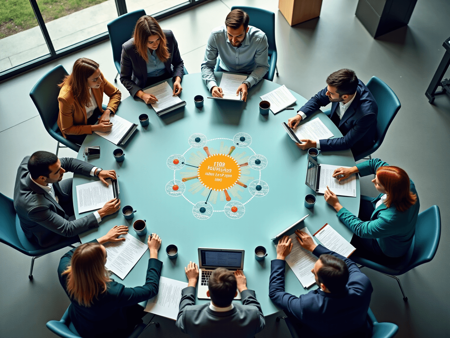 Overhead view of eight people at a round table around a circular diagram with an orange center