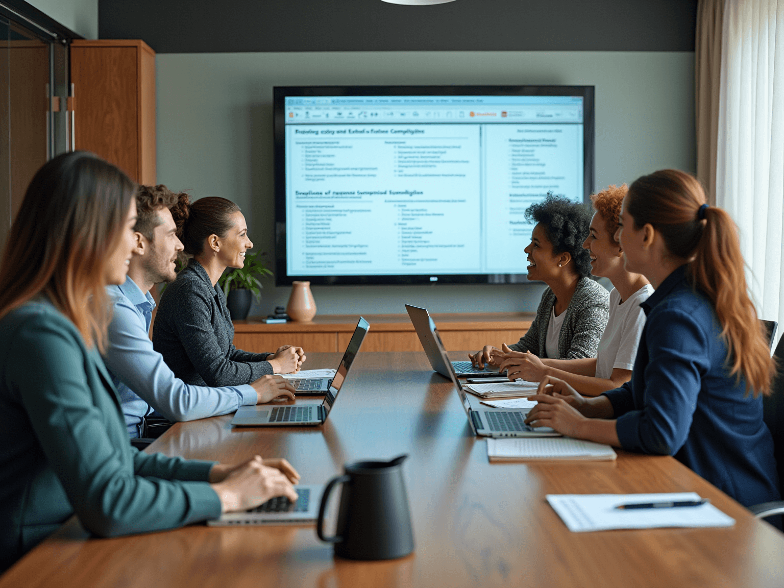 Team in a meeting room reviewing a compliance document on a wall screen