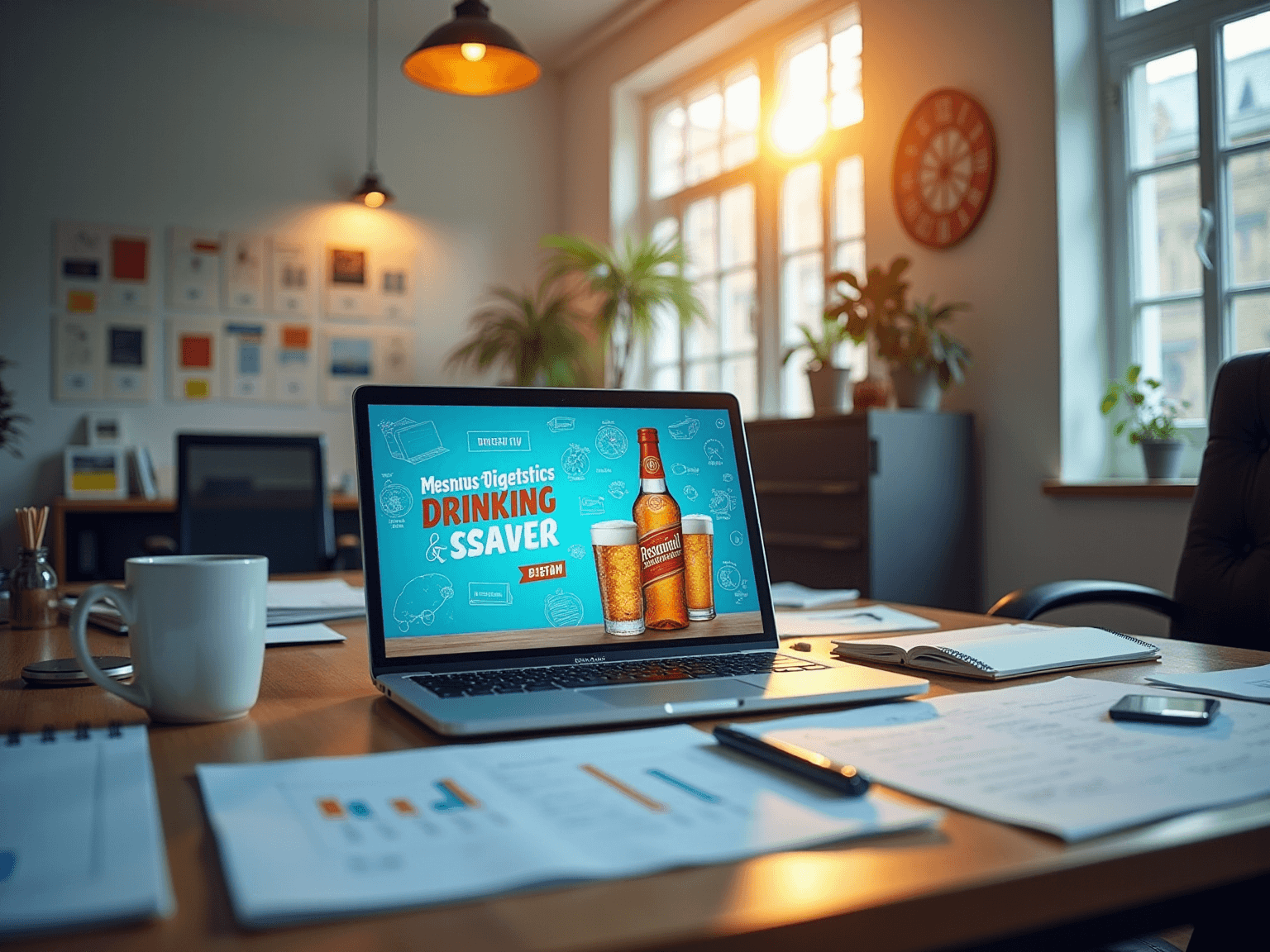 Laptop on a desk showing a drinks ad titled Drinking Saver, beside printed charts and a mug