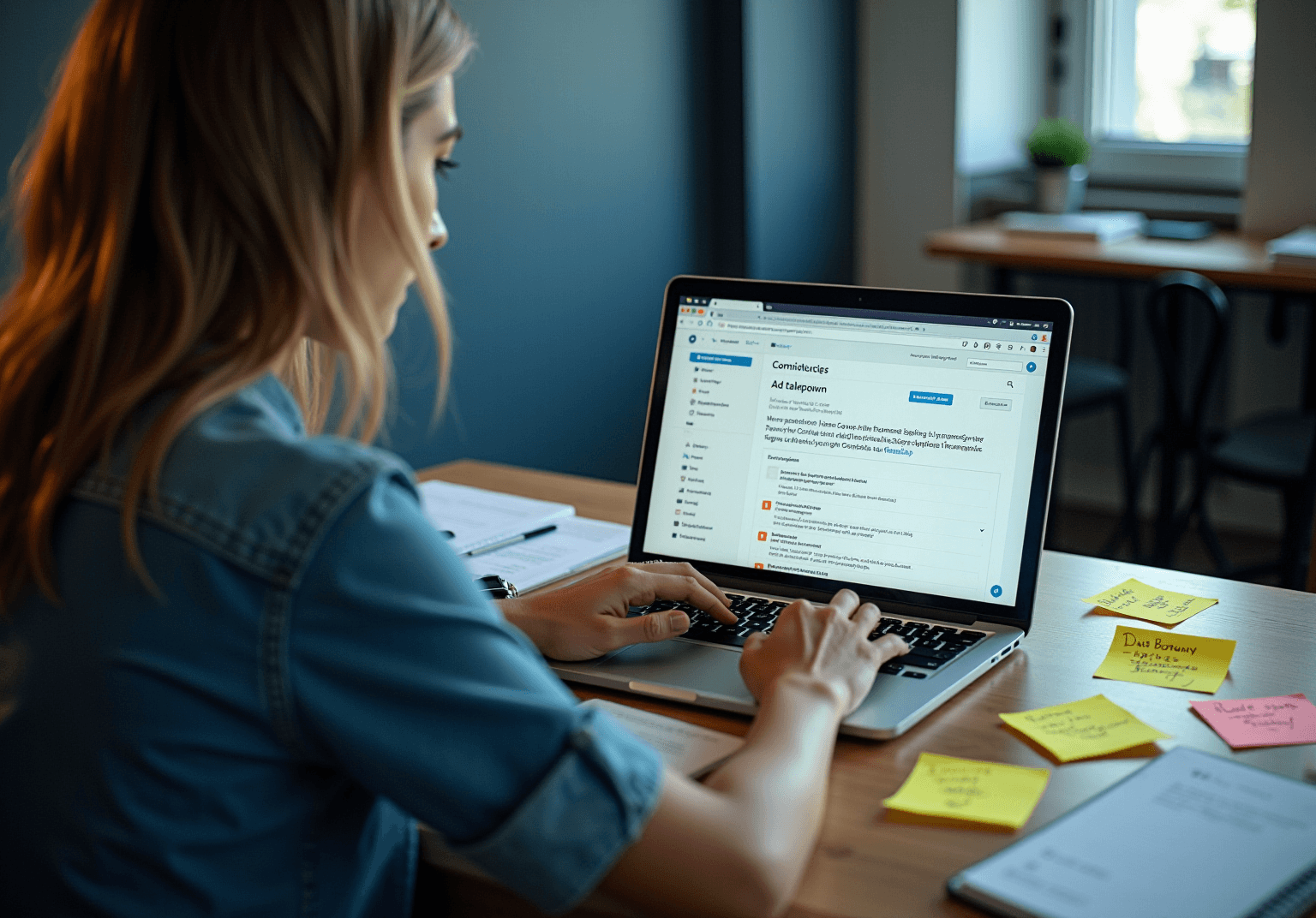 Woman typing at a laptop showing an ad policy page, with sticky notes on the desk