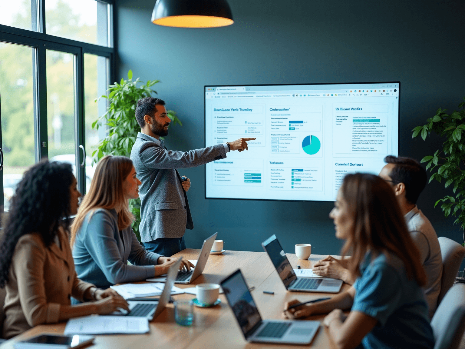 Man pointing at a wall screen of charts and a pie graph while colleagues sit at a table with laptops