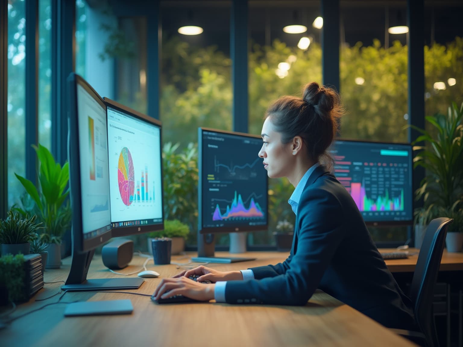 Woman at a desk working across several monitors showing pie, bar and line charts