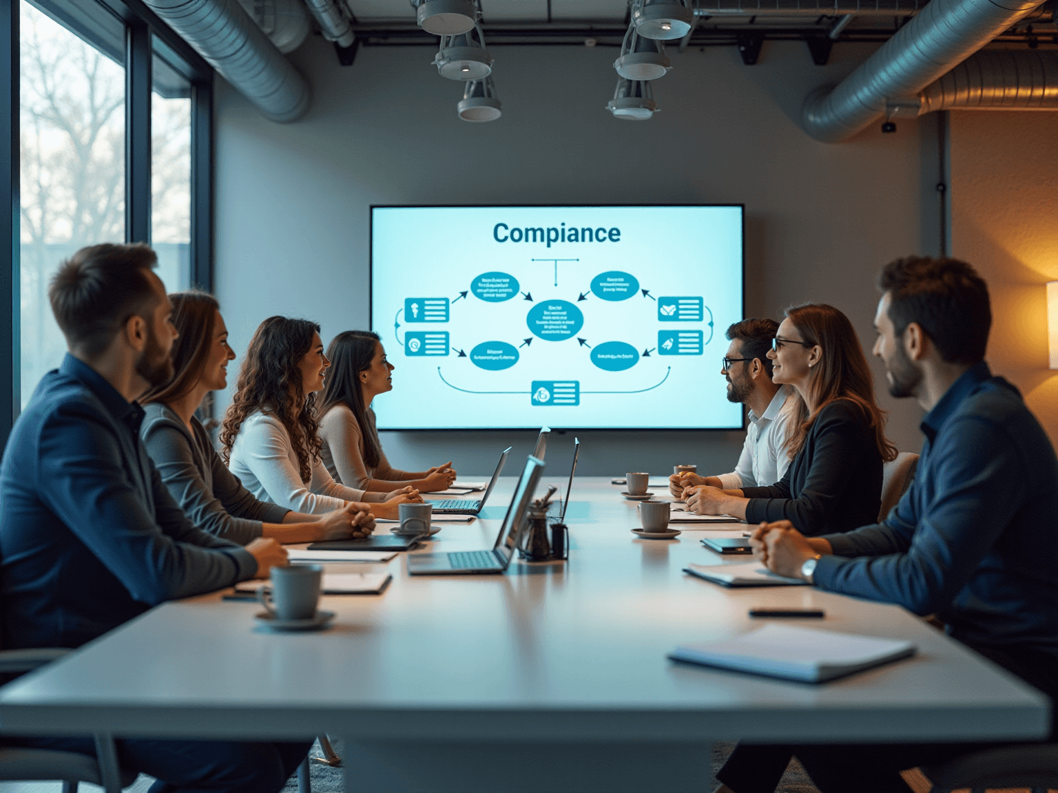 Team in a boardroom watching a wall screen with a compliance flowchart
