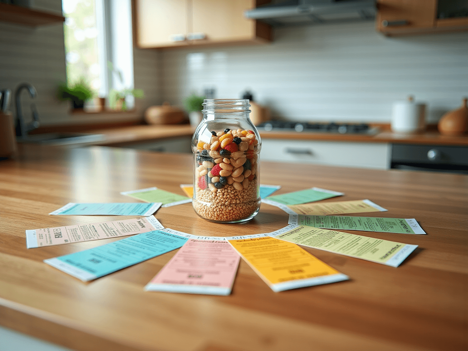 Glass jar of mixed nuts and fruit on a kitchen counter, surrounded by colorful product label cards