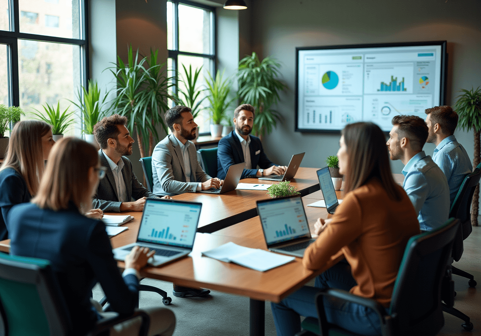 Team in a glass-walled office with a wall screen of charts and laptops on a wooden table