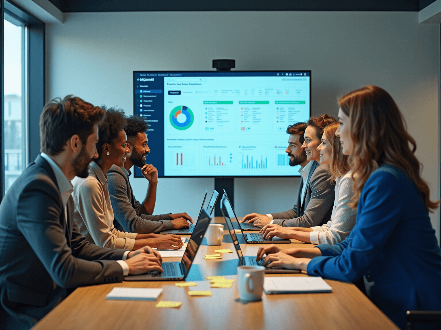 Colleagues in a boardroom with laptops and sticky notes, a wall screen showing a dashboard behind them