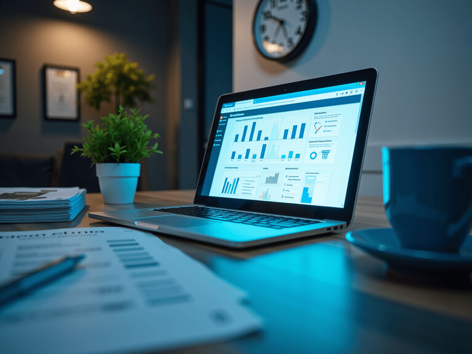 Laptop on a desk showing a dashboard of charts beside a clock, plant and printed reports