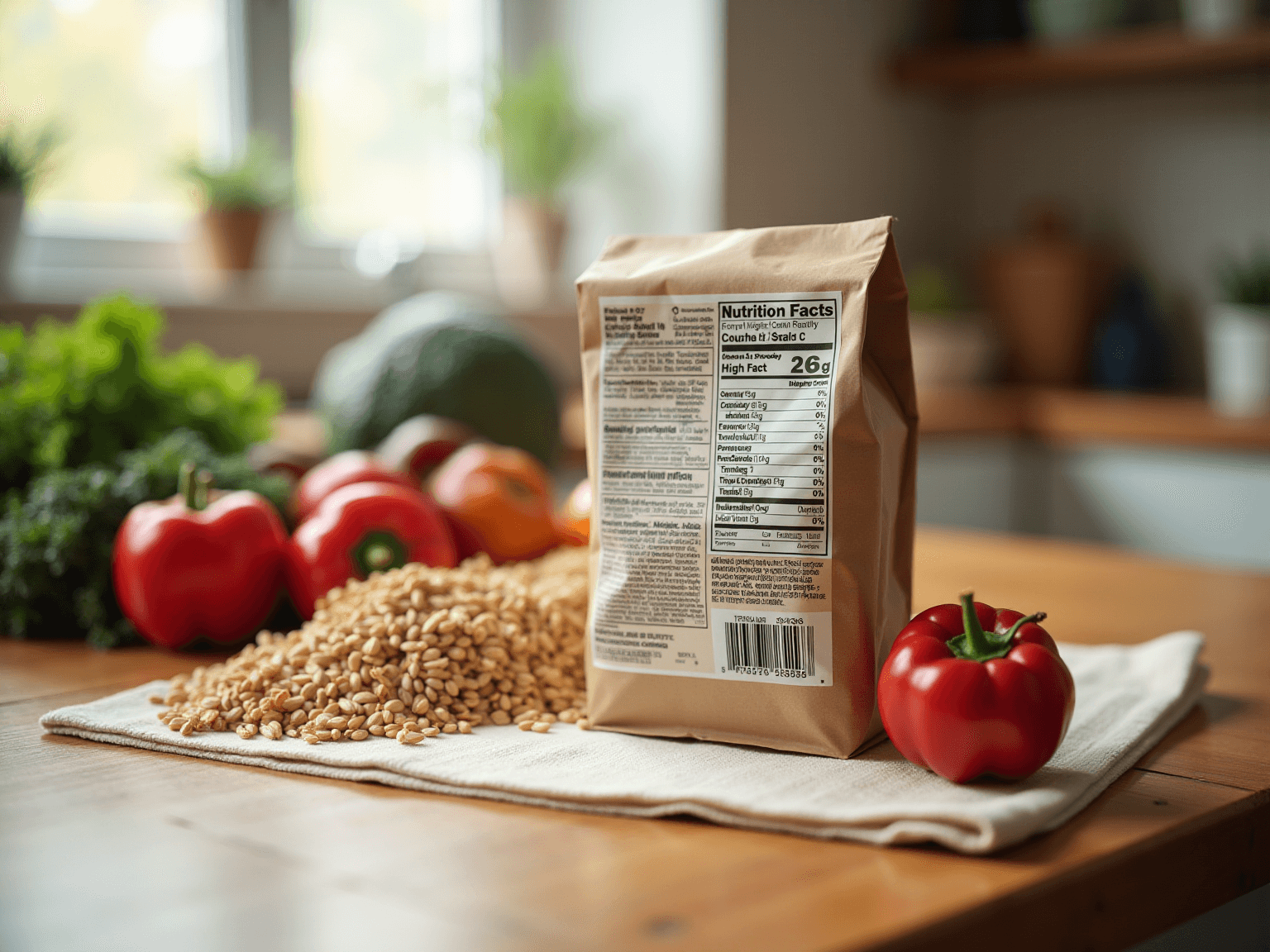 Kraft paper food package with a Nutrition Facts label, beside grains, red peppers and vegetables
