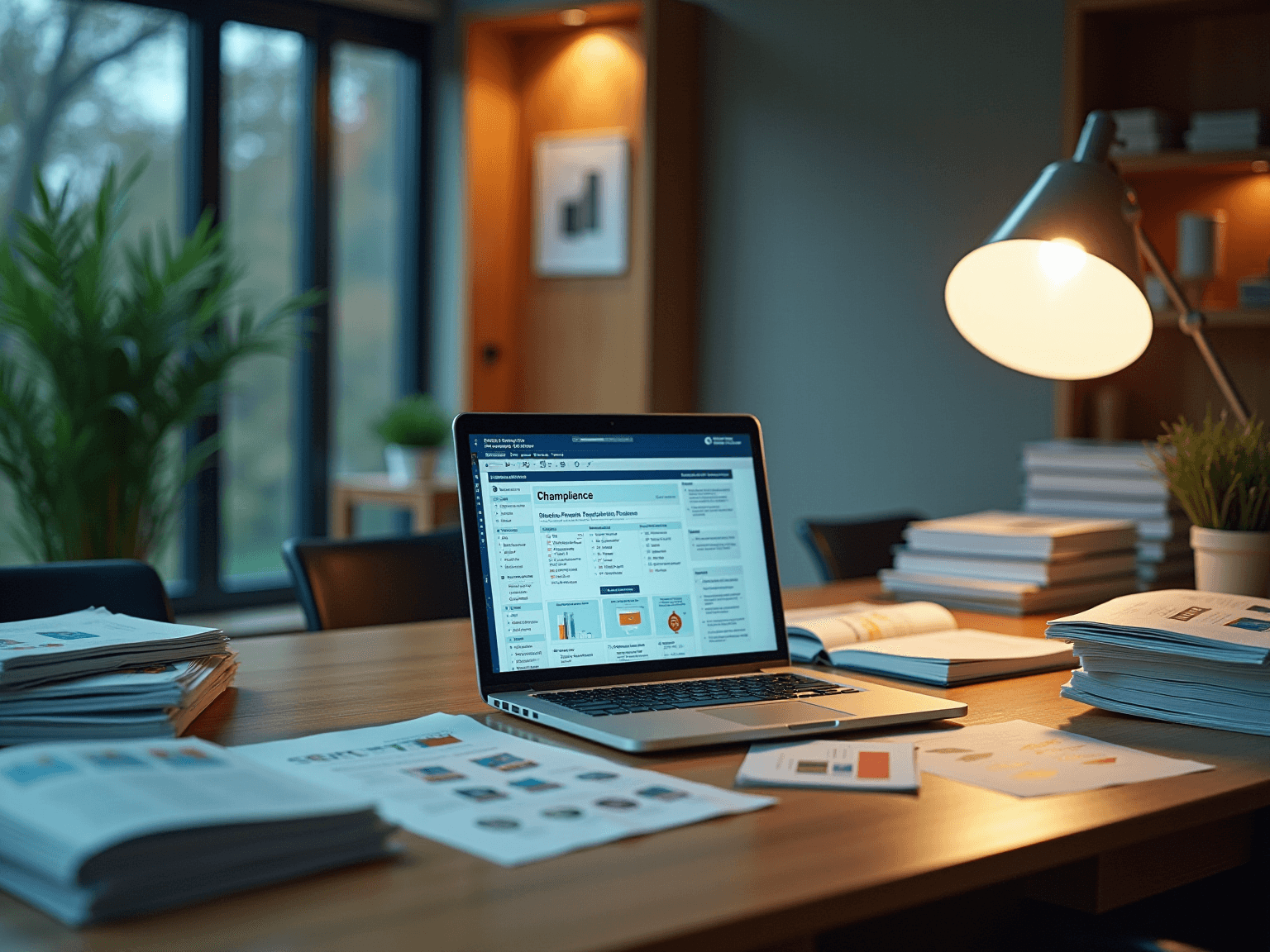 Laptop on a desk with a compliance flowchart on screen, beside stacked binders and a desk lamp