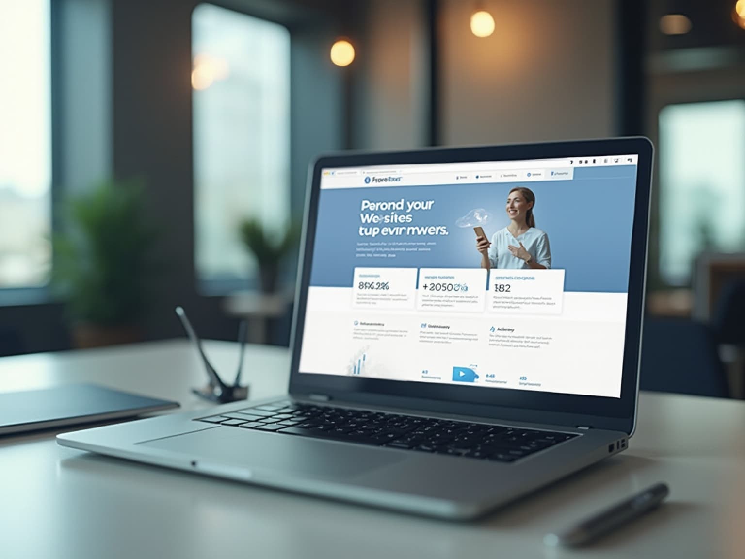 Laptop showing a marketing website with statistics cards and a smiling woman