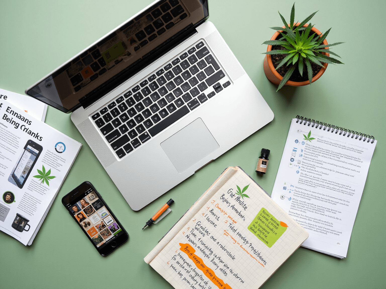 Overhead view of a laptop, phone and handwritten notes on a green desk beside cannabis-themed printed material