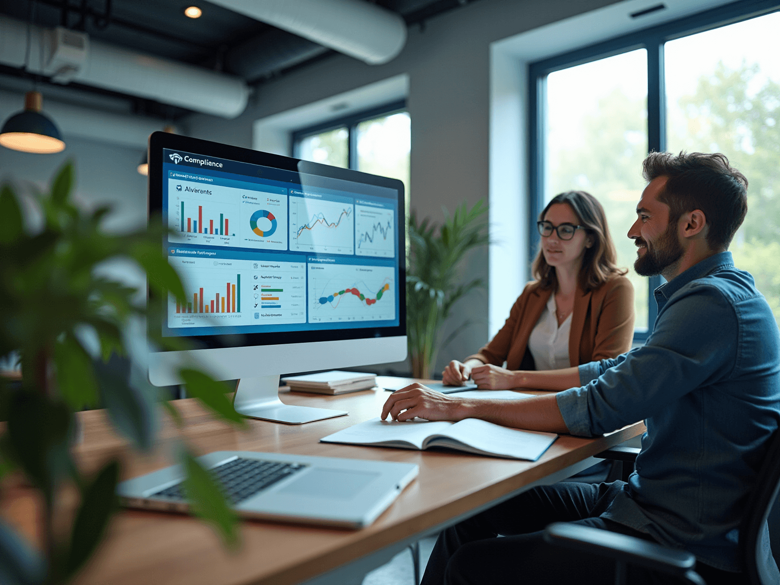 Two colleagues at a desk in front of a monitor showing a compliance dashboard with charts
