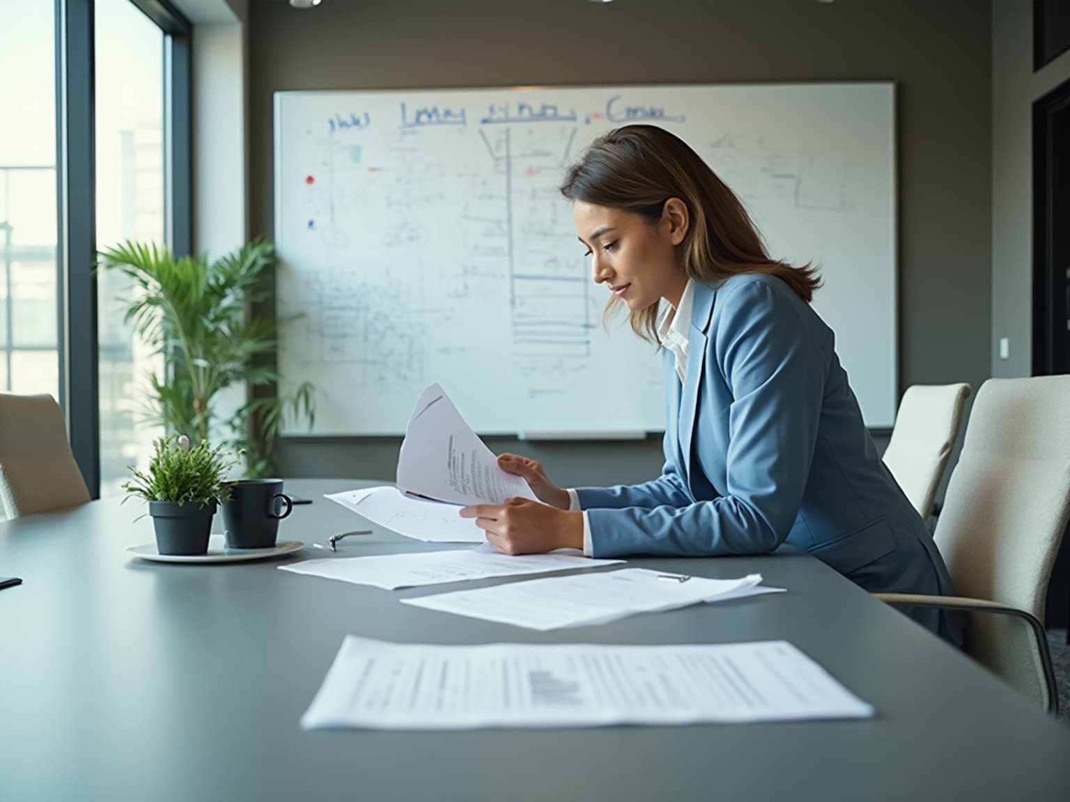 Woman in a blue blazer reviewing papers in a meeting room, with a whiteboard covered in notes behind her