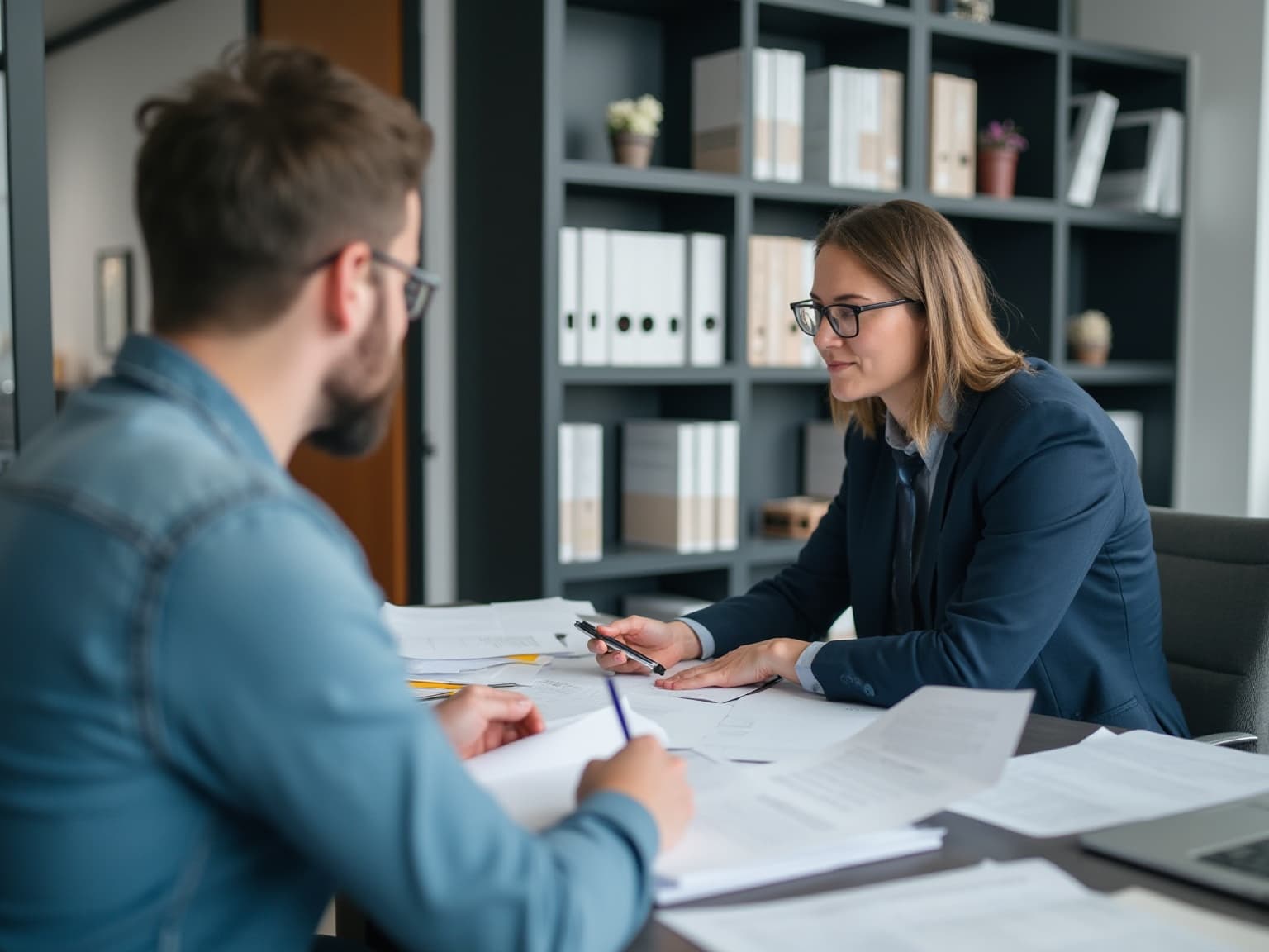 Two colleagues at a desk with binders, one pointing at a document while the other takes notes