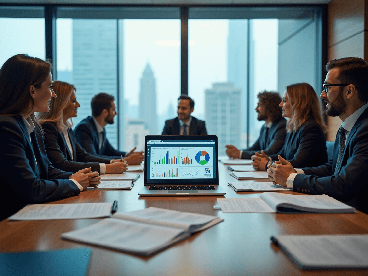 Business team in a boardroom with a laptop showing bar and pie charts, a city skyline behind them