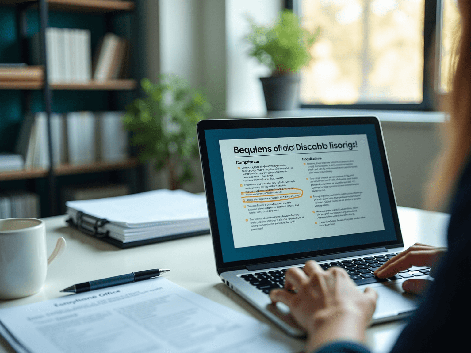 Laptop on a desk showing a regulations document with highlighted lines, beside a compliance folder