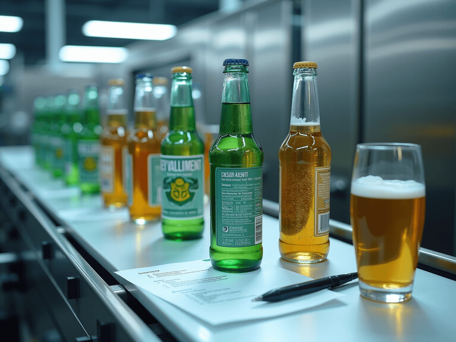 Green and amber beer bottles on a production line, with a glass of beer and a pen in front