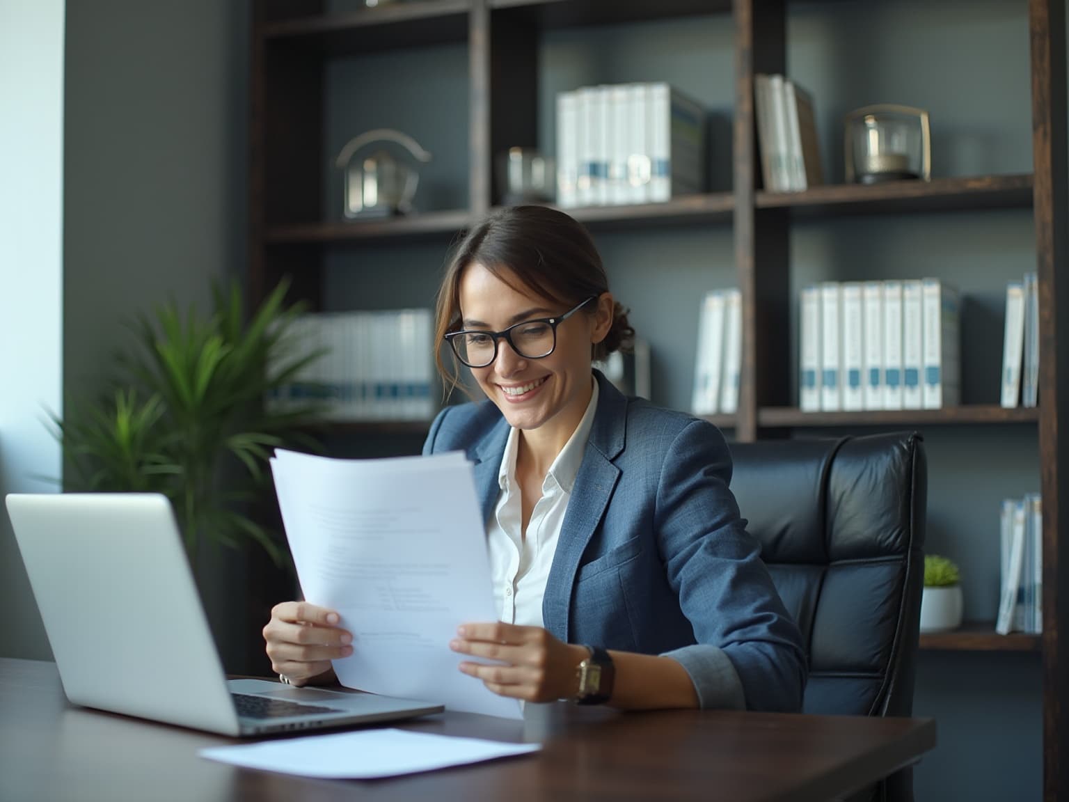 Smiling woman in a blazer reading a document at a desk beside a laptop