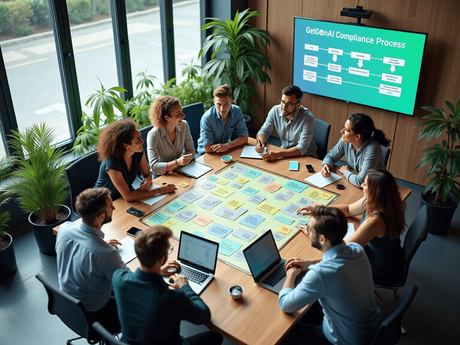 Team around a table covered in sticky notes, with a wall screen showing an Inspack compliance process
