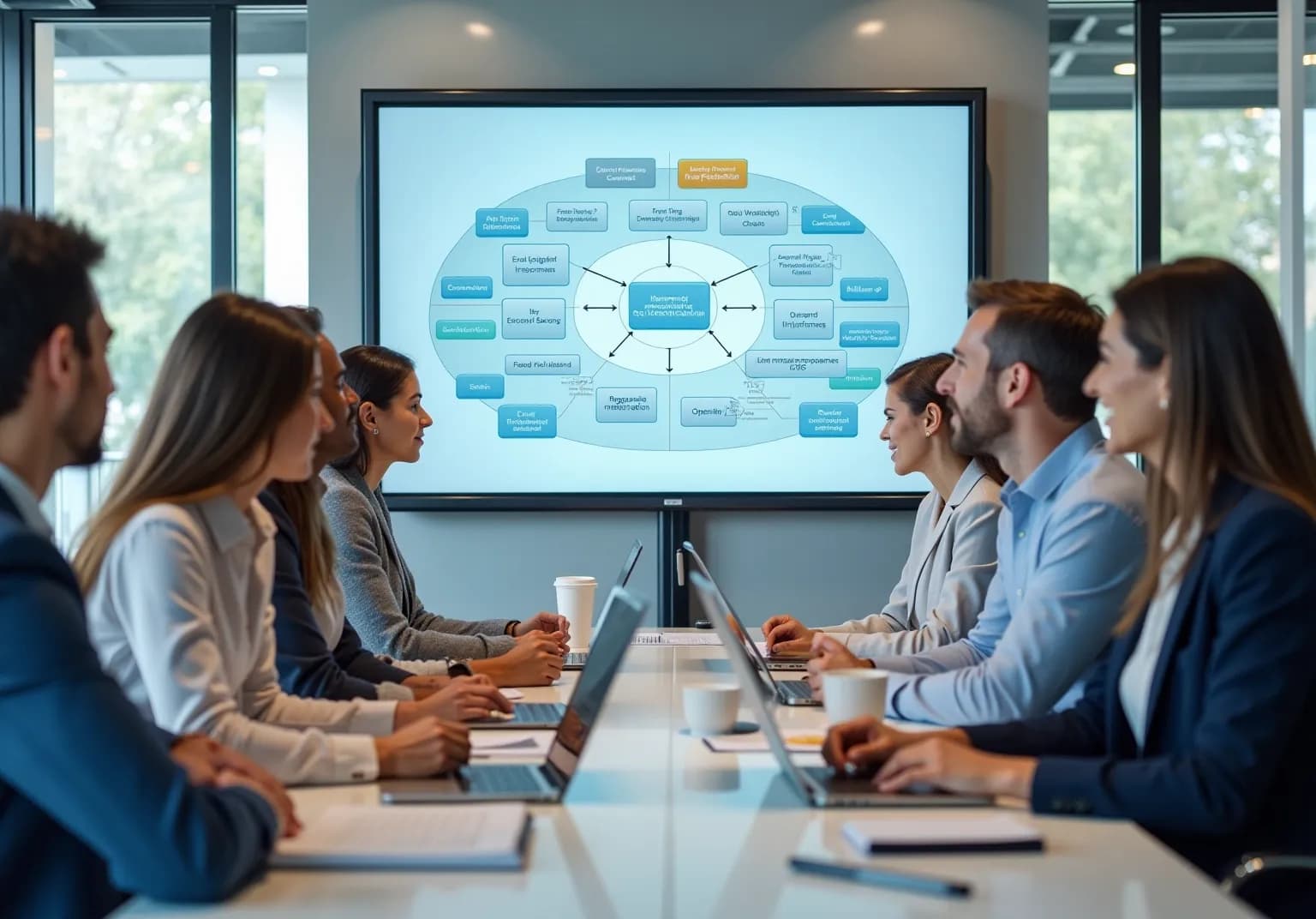 Team in a boardroom watching a wall screen with a circular diagram of linked process steps